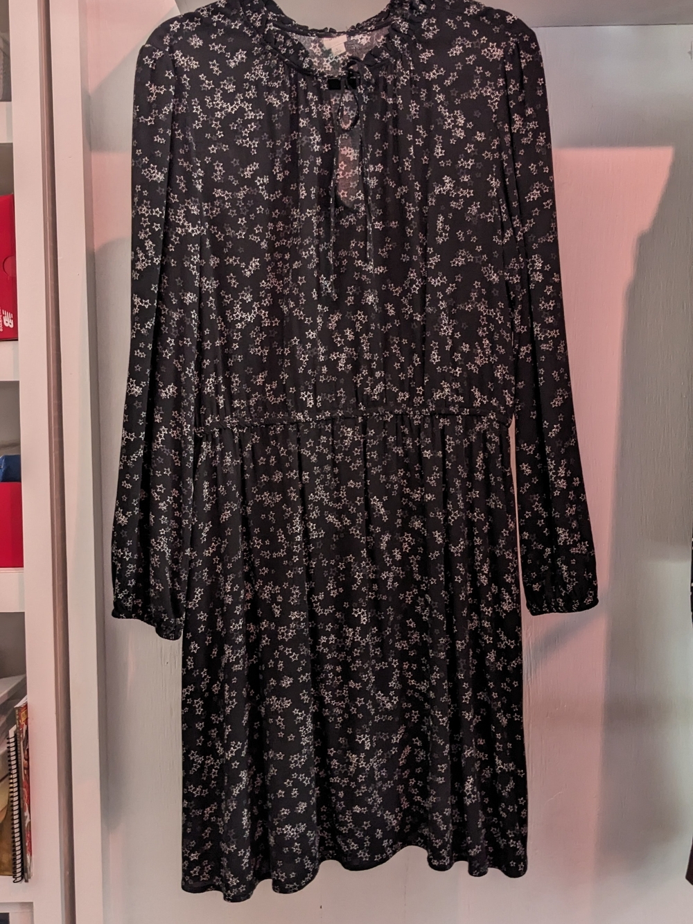 GAP Black Constellation Star Print Long-Sleeve Tie Neck Dress